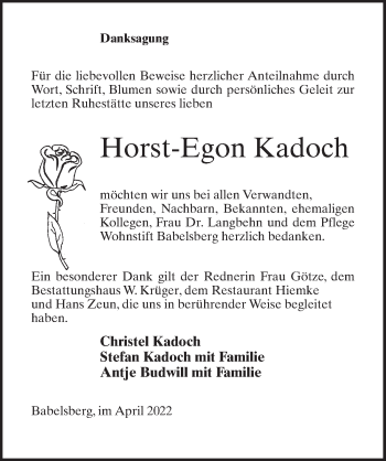 Traueranzeige von Horst-Egon Kadoch von Märkischen Allgemeine Zeitung