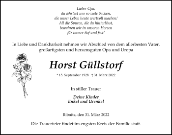 Traueranzeige von Horst Güllstorf von Ostsee-Zeitung GmbH