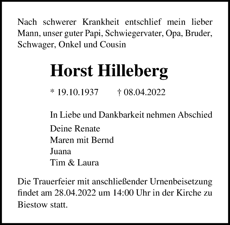  Traueranzeige für Horst Hilleberg vom 16.04.2022 aus Ostsee-Zeitung GmbH