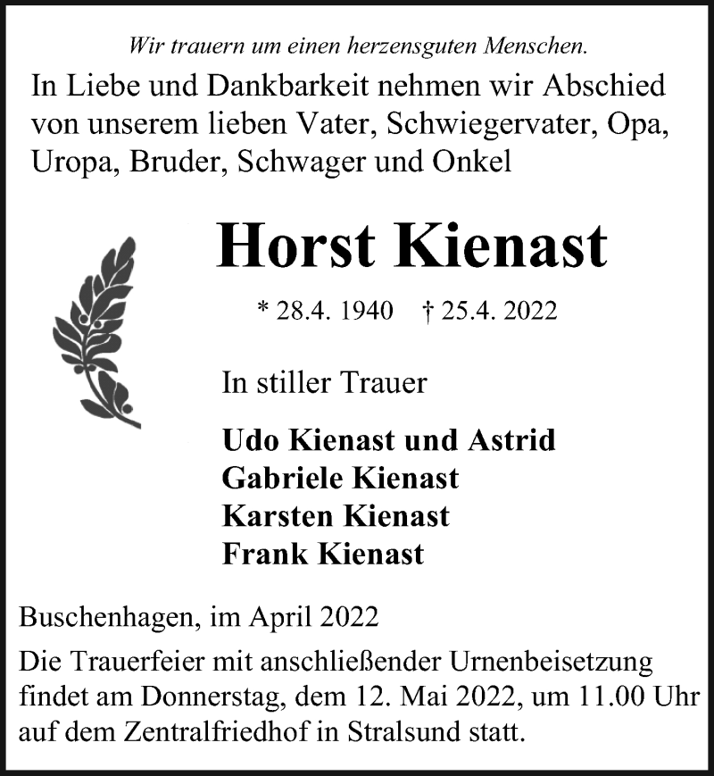  Traueranzeige für Horst Kienast vom 30.04.2022 aus Ostsee-Zeitung GmbH