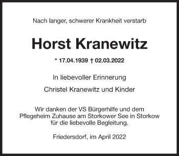 Traueranzeige von Horst Kranewitz