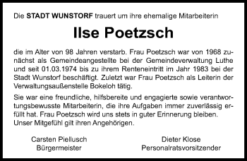 Traueranzeige von Ilse Poetzsch von Hannoversche Allgemeine Zeitung/Neue Presse