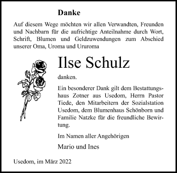 Traueranzeige von Ilse Schulz von Ostsee-Zeitung GmbH