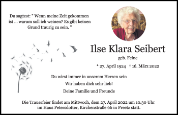 Traueranzeige von Ilse Klara Seibert von Kieler Nachrichten