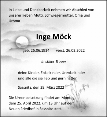 Traueranzeige von Inge Möck von Ostsee-Zeitung GmbH