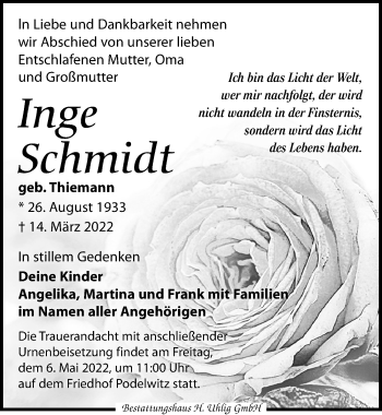 Traueranzeige von Inge Schmidt von Leipziger Volkszeitung