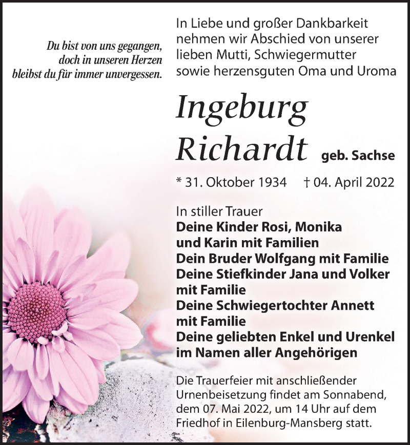  Traueranzeige für Ingeburg Richardt vom 16.04.2022 aus Leipziger Volkszeitung