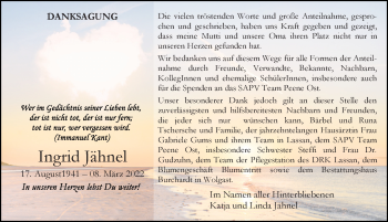 Traueranzeige von Ingrid Jähnel von Ostsee-Zeitung GmbH