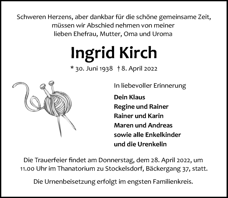  Traueranzeige für Ingrid Kirch vom 17.04.2022 aus Lübecker Nachrichten