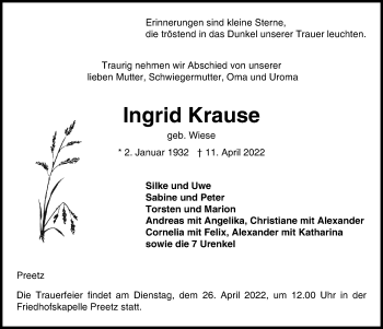 Traueranzeige von Ingrid Krause von Kieler Nachrichten