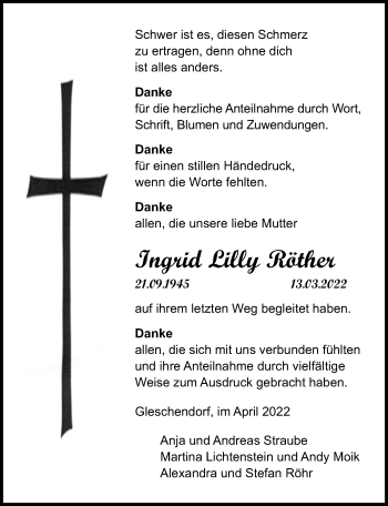 Traueranzeige von Ingrid Lilly Röther von Lübecker Nachrichten