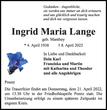 Traueranzeigen von Ingrid Maria Lange | trauer-anzeigen.de