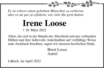 Traueranzeige von Irene Loose von Lübecker Nachrichten