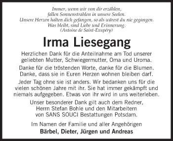 Traueranzeige von Irma Liesegang von Märkischen Allgemeine Zeitung
