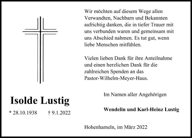  Traueranzeige für Isolde Lustig vom 09.04.2022 aus Peiner Allgemeine Zeitung