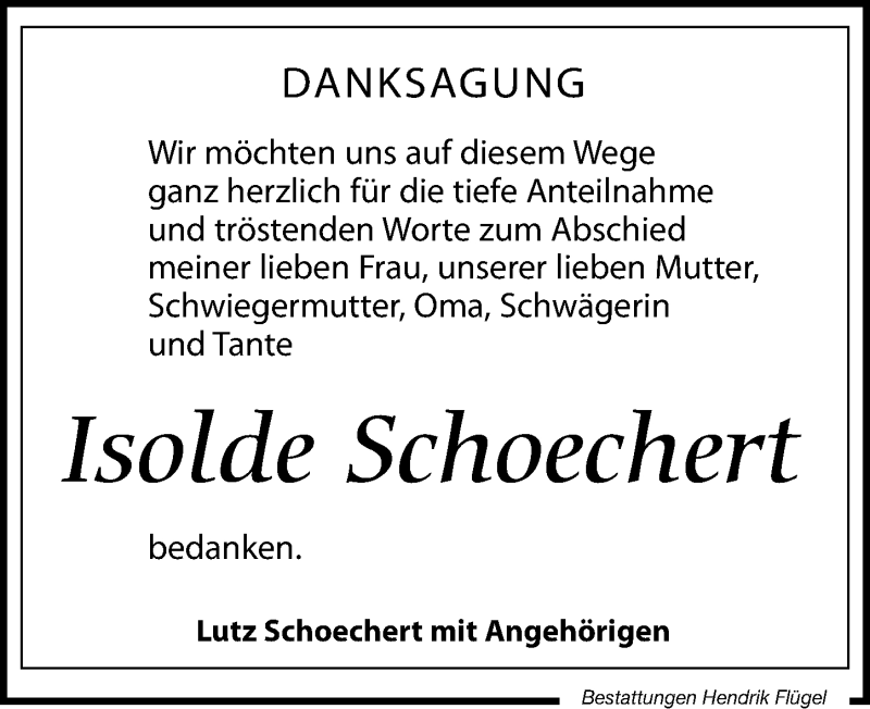  Traueranzeige für Isolde Schoechert vom 02.04.2022 aus Leipziger Volkszeitung