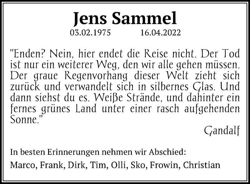  Traueranzeige für Jens Sammel vom 30.04.2022 aus Göttinger Tageblatt
