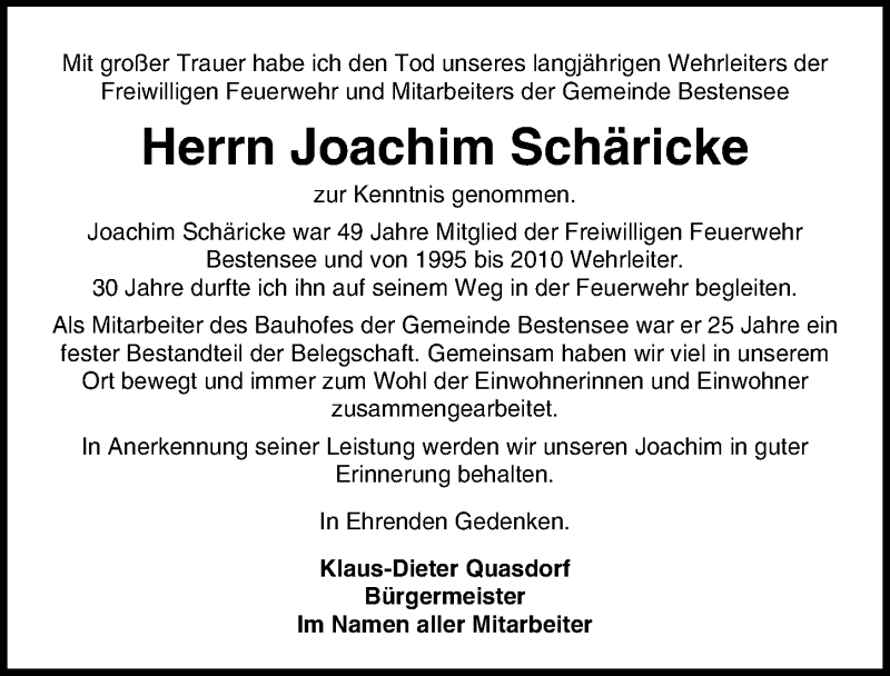  Traueranzeige für Joachim Schäricke vom 02.04.2022 aus Märkischen Allgemeine Zeitung