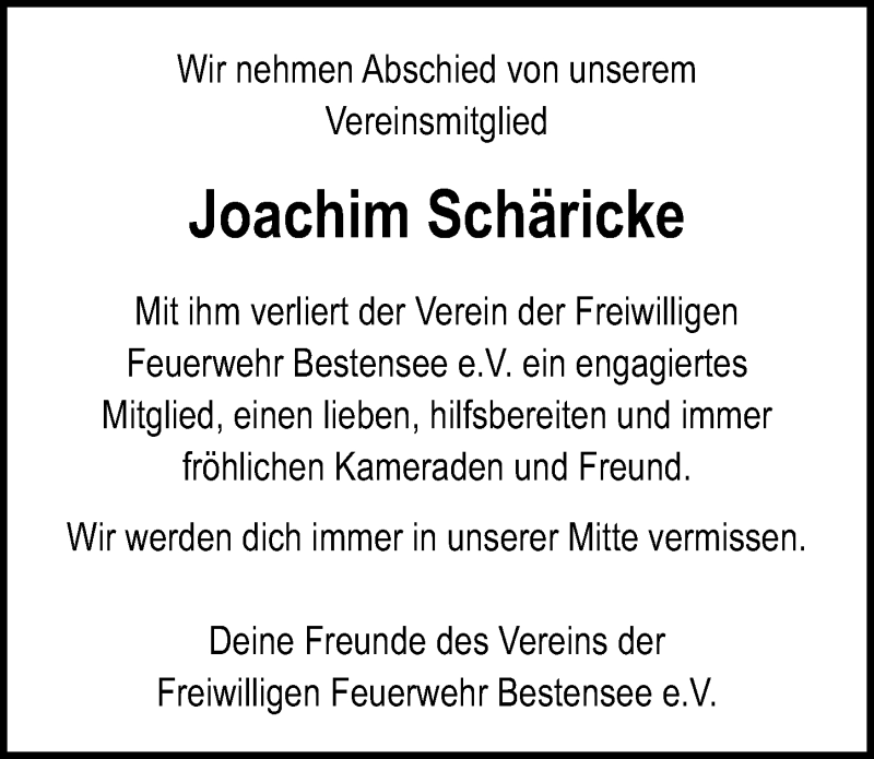  Traueranzeige für Joachim Schäricke vom 02.04.2022 aus Märkischen Allgemeine Zeitung