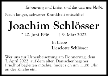 Traueranzeige von Joachim Schlösser von Kieler Nachrichten