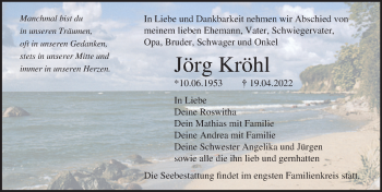 Traueranzeige von Jörg Kröhl von Ostsee-Zeitung GmbH