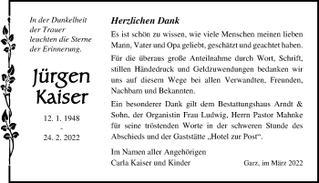 Traueranzeige von Jürgen Kaiser von Ostsee-Zeitung GmbH