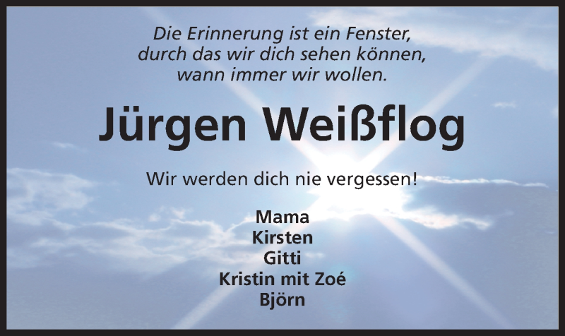  Traueranzeige für Jürgen Weißflog vom 30.04.2022 aus Kieler Nachrichten