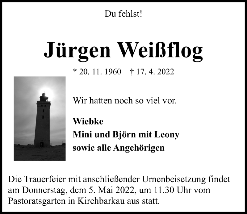  Traueranzeige für Jürgen Weißflog vom 30.04.2022 aus Kieler Nachrichten