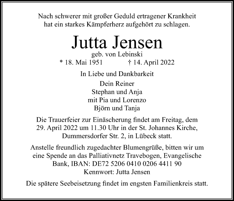  Traueranzeige für Jutta Jensen vom 24.04.2022 aus Lübecker Nachrichten