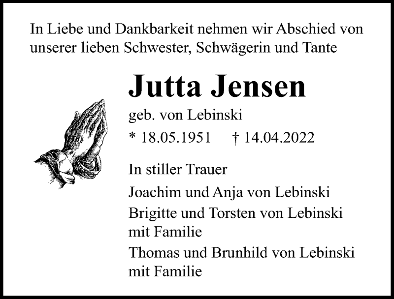  Traueranzeige für Jutta Jensen vom 24.04.2022 aus Lübecker Nachrichten