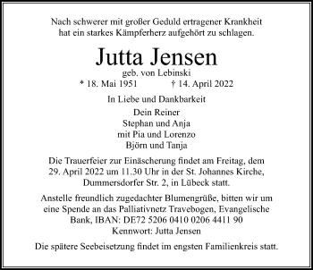 Traueranzeige von Jutta Jensen von Lübecker Nachrichten