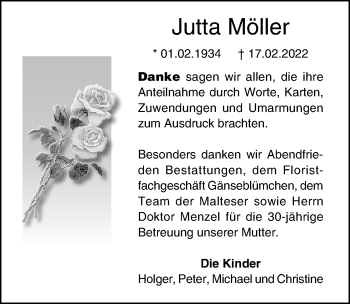 Traueranzeige von Jutta Möller von Ostsee-Zeitung GmbH
