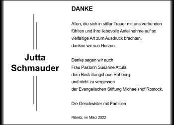 Traueranzeige von Jutta Schmauder von Ostsee-Zeitung GmbH