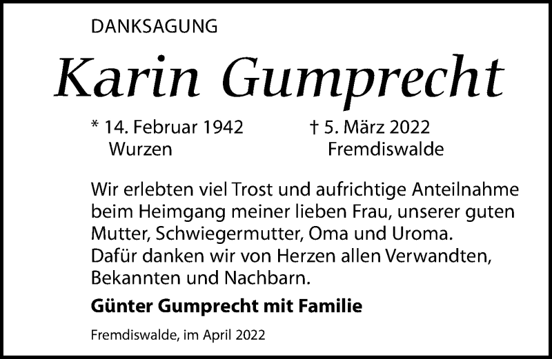  Traueranzeige für Karin Gumprecht vom 16.04.2022 aus Leipziger Volkszeitung