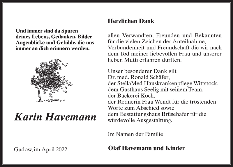  Traueranzeige für Karin Havemann vom 09.04.2022 aus Märkischen Allgemeine Zeitung