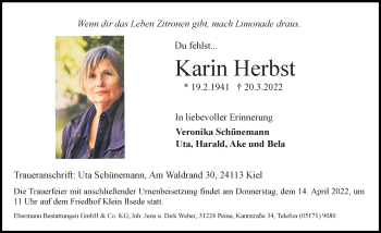 Traueranzeige von Karin Herbst von Peiner Allgemeine Zeitung