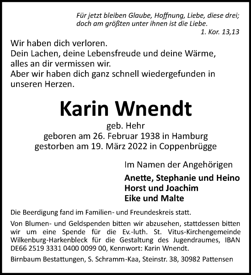  Traueranzeige für Karin Wnendt vom 02.04.2022 aus Hannoversche Allgemeine Zeitung/Neue Presse