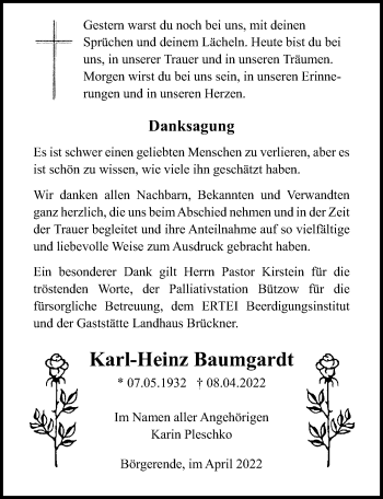 Traueranzeige von Karl-Heinz Baumgardt von Ostsee-Zeitung GmbH