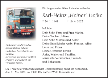 Traueranzeige von Karl-Heinz Liefke von Ostsee-Zeitung GmbH