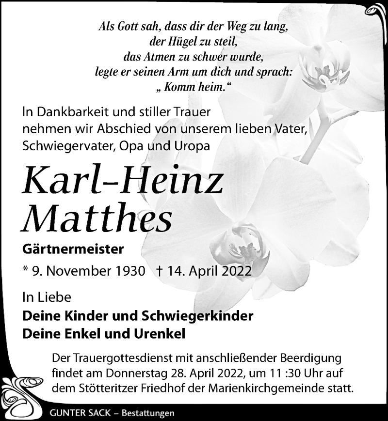  Traueranzeige für Karl-Heinz Matthes vom 23.04.2022 aus Leipziger Volkszeitung