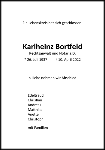 Traueranzeige von Karlheinz Bortfeld von Hannoversche Allgemeine Zeitung/Neue Presse