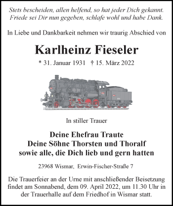 Traueranzeige von Karlheinz Fieseler von Ostsee-Zeitung GmbH