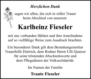 Traueranzeige von Karlheinz Fieseler von Ostsee-Zeitung GmbH