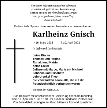 Traueranzeige von Karlheinz Gnisch von Ostsee-Zeitung GmbH