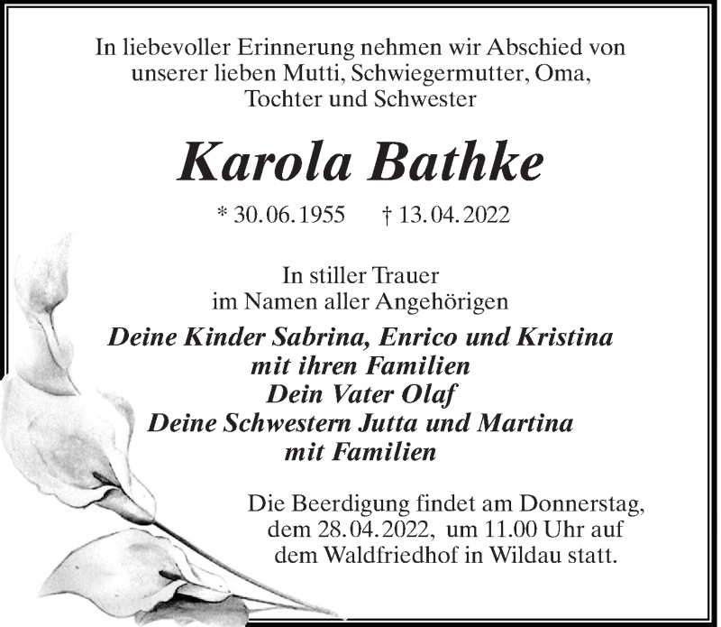  Traueranzeige für Karola Bathke vom 23.04.2022 aus Märkischen Allgemeine Zeitung