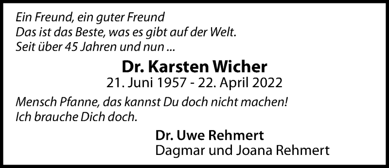  Traueranzeige für Karsten Wicher vom 30.04.2022 aus Hannoversche Allgemeine Zeitung/Neue Presse