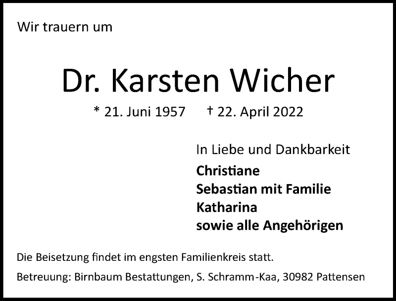  Traueranzeige für Karsten Wicher vom 30.04.2022 aus Hannoversche Allgemeine Zeitung/Neue Presse