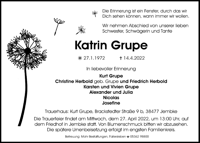  Traueranzeige für Katrin Grupe vom 22.04.2022 aus Aller Zeitung