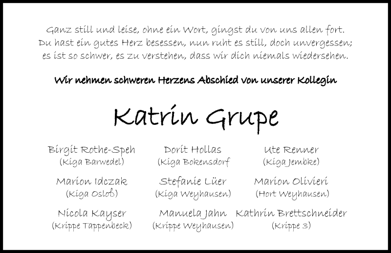  Traueranzeige für Katrin Grupe vom 23.04.2022 aus Aller Zeitung