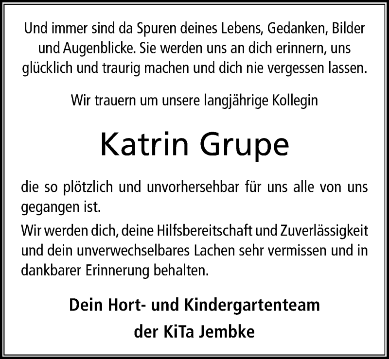  Traueranzeige für Katrin Grupe vom 23.04.2022 aus Aller Zeitung